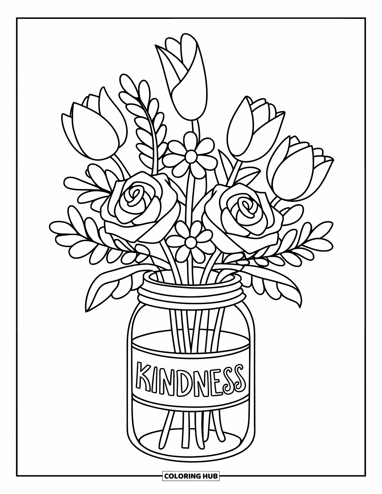 Kindness Coloring Page for Kids: A jar of flowers labeled "Kindness" holds roses, daisies, and tulips