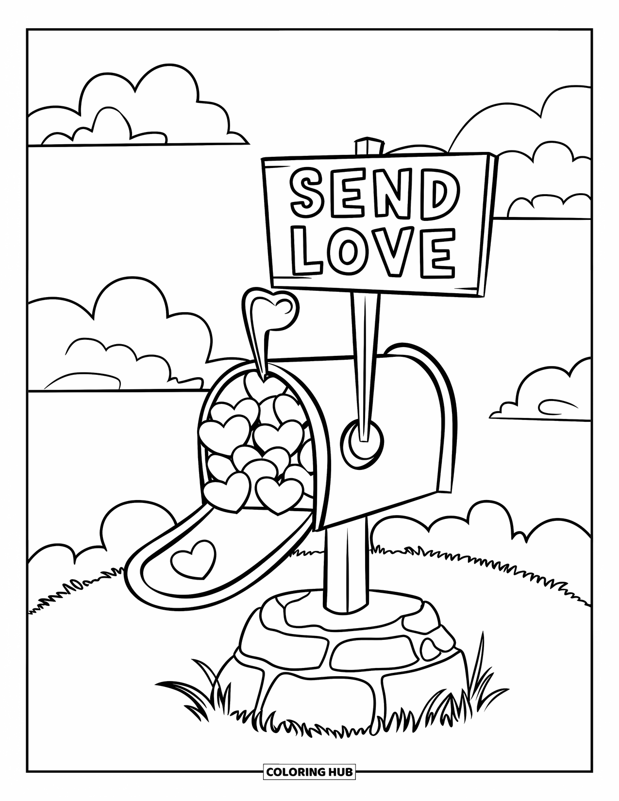 Kindness Coloring Page for Kids: A kindness mailbox on a stone base welcomes letters under fluffy clouds