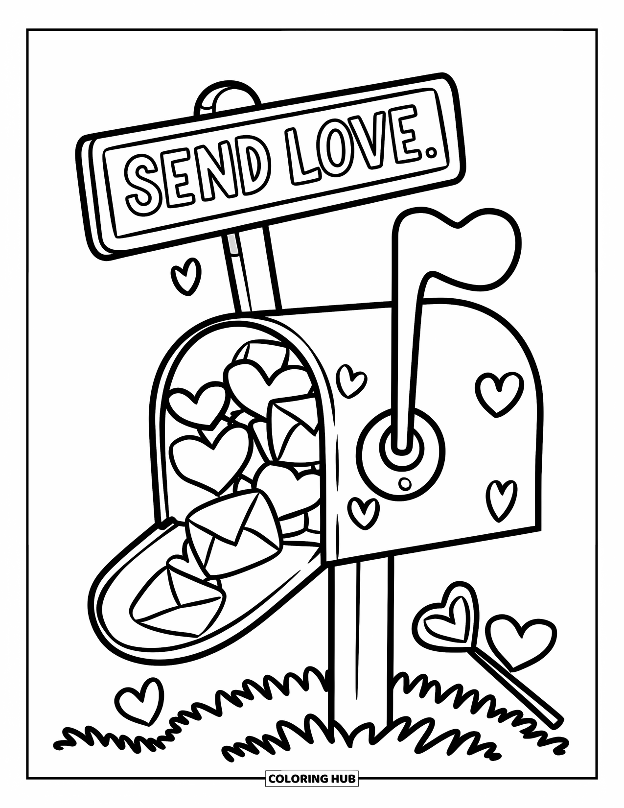 Kindness Coloring Page for Kids: A mailbox bursts with heart notes beside a wand and a "Send Love" sign