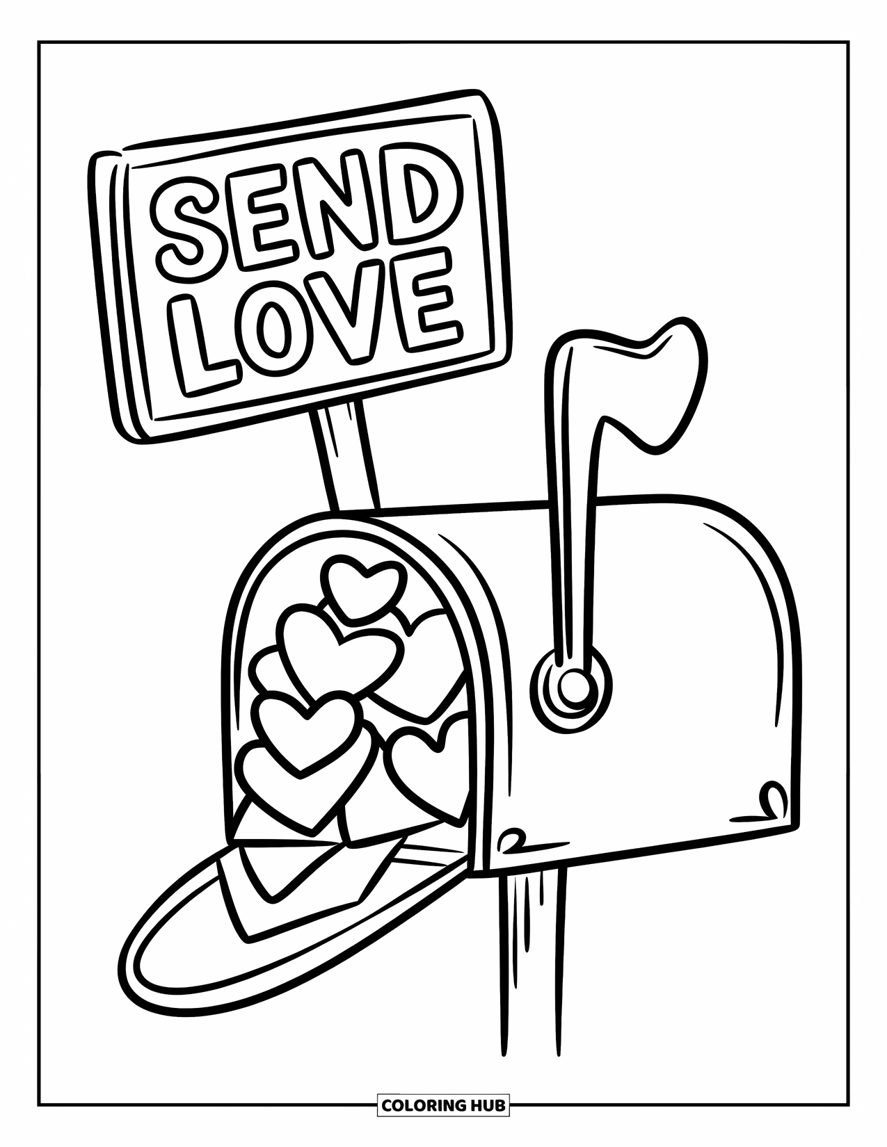 Kindness Coloring Page for Kids: A mailbox filled with heart letters sits under a "Send Love" sign