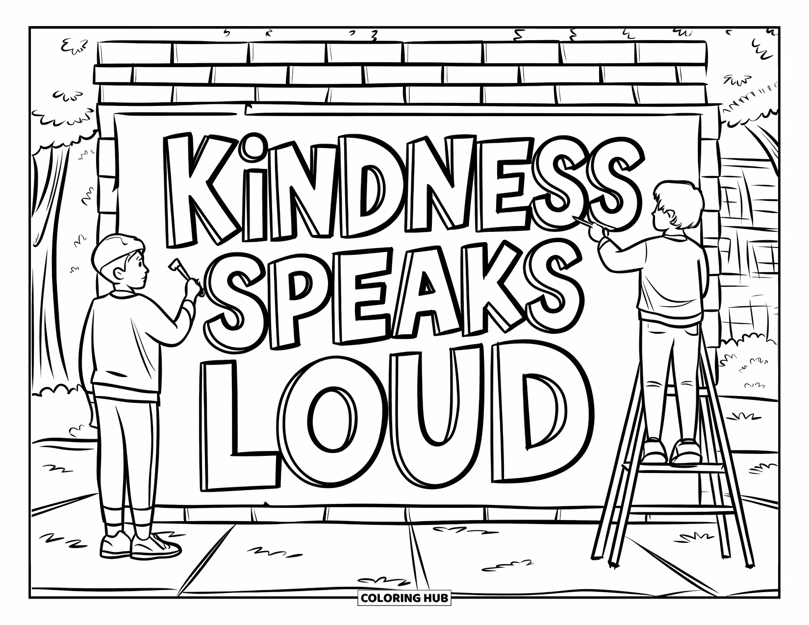 Kindness Coloring Page for Kids: A teen duo paints "Kindness Speaks Loud" on a sunny brick wall mural