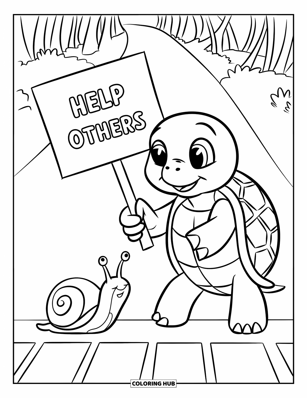 Kindness Coloring Page for Kids: A turtle carries a snail through a forest holding a "Help Others" sign