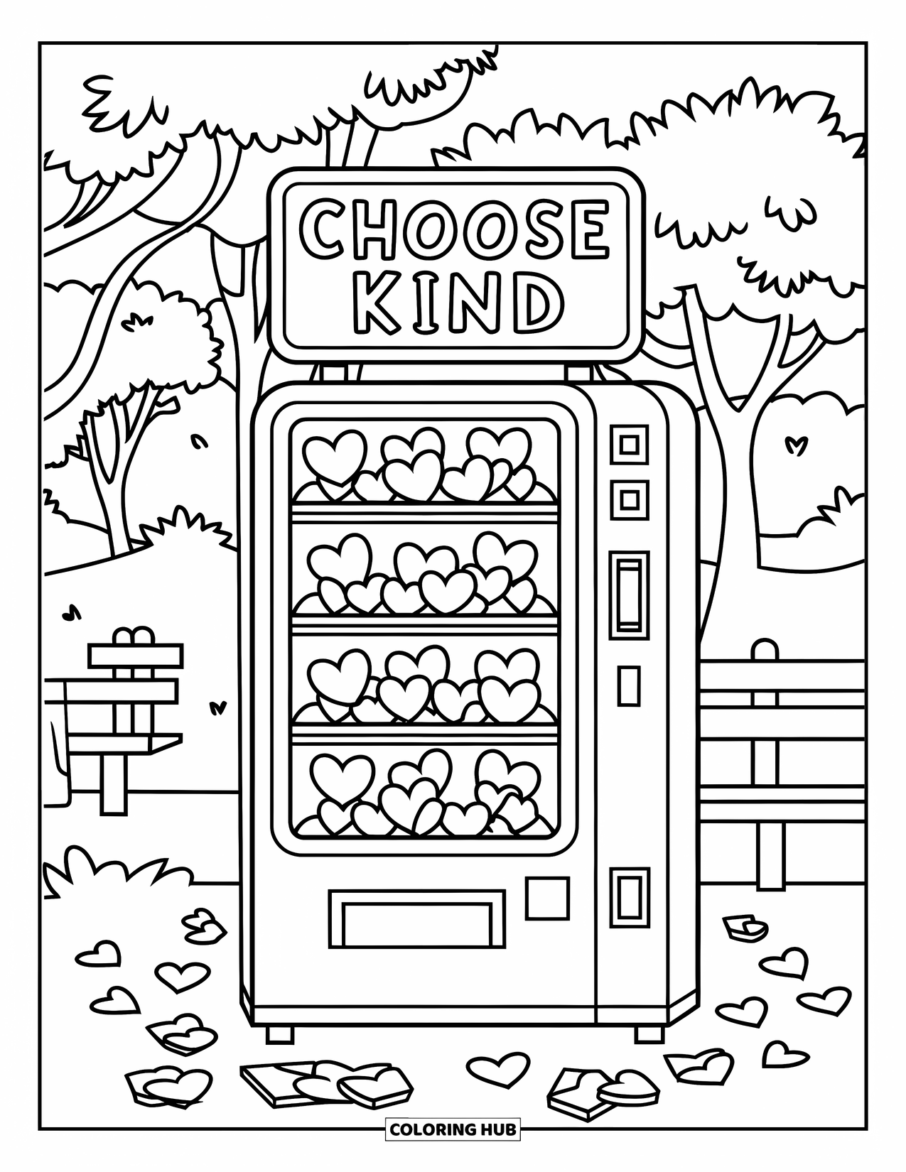 Kindness Coloring Page for Kids: A vending machine gives out hearts and notes with "Choose Kind" above