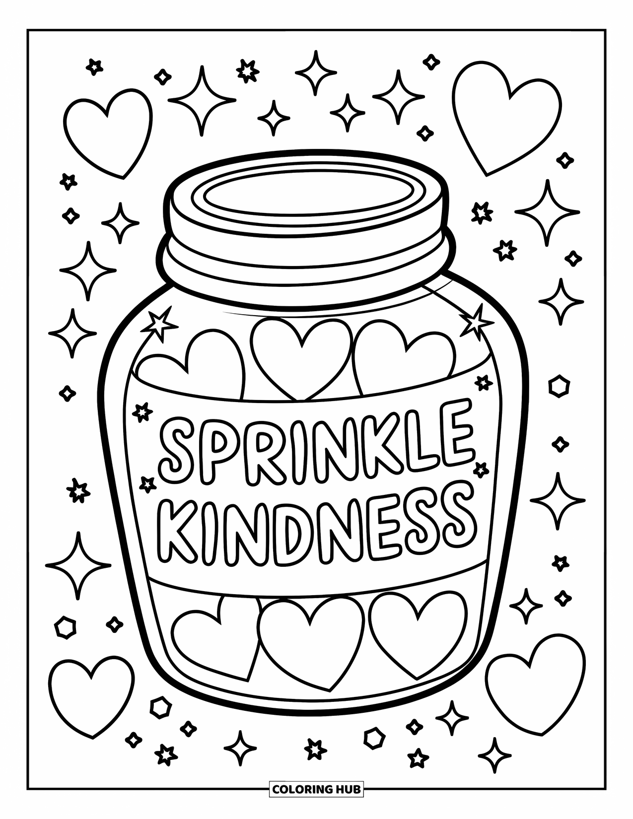 Kindness Coloring Page for Kids: Hearts and stars swirl around a magic jar that says "Sprinkle Kindness"