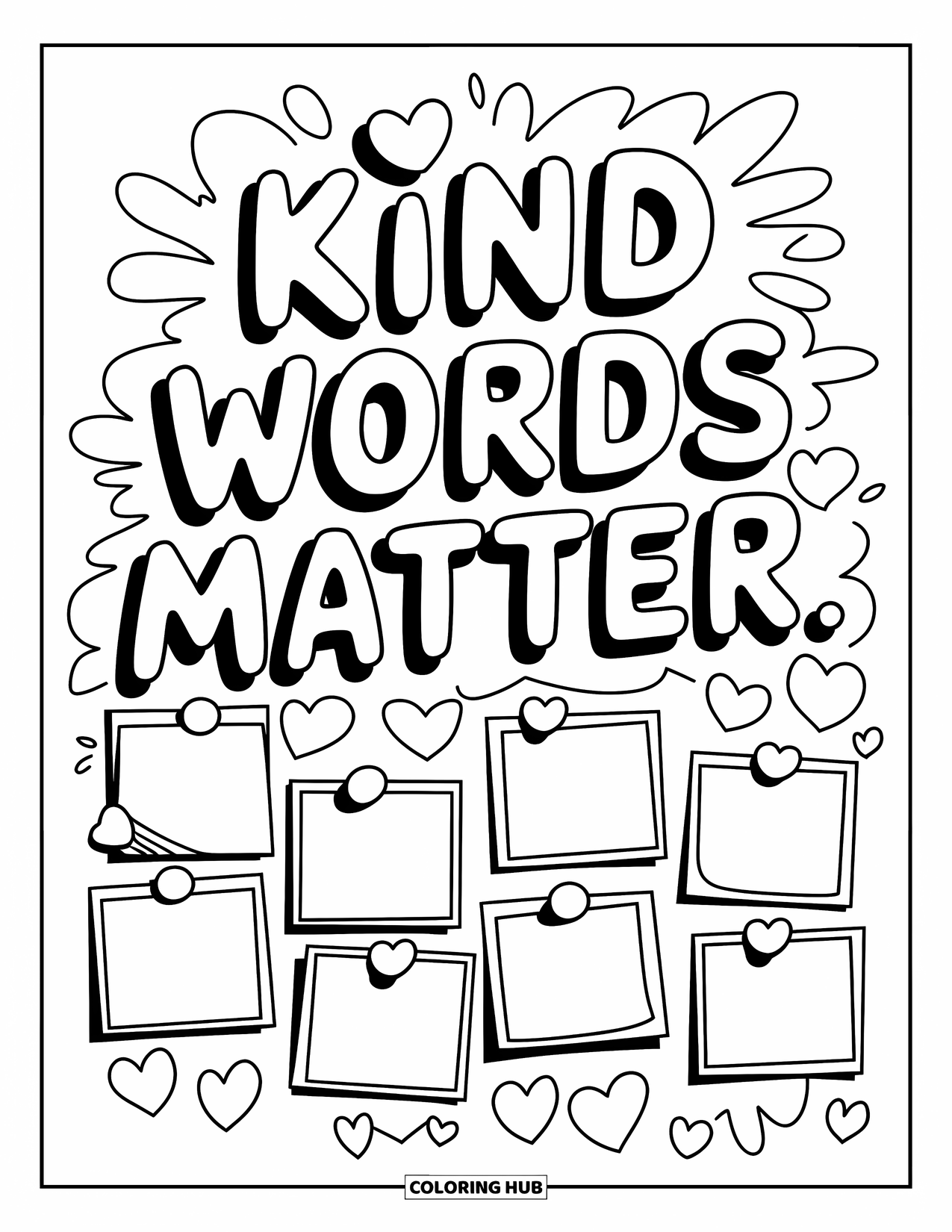 Kindness Coloring Page for Kids: Hearts and sticky notes fill a bulletin board beneath "Kind Words Matter"