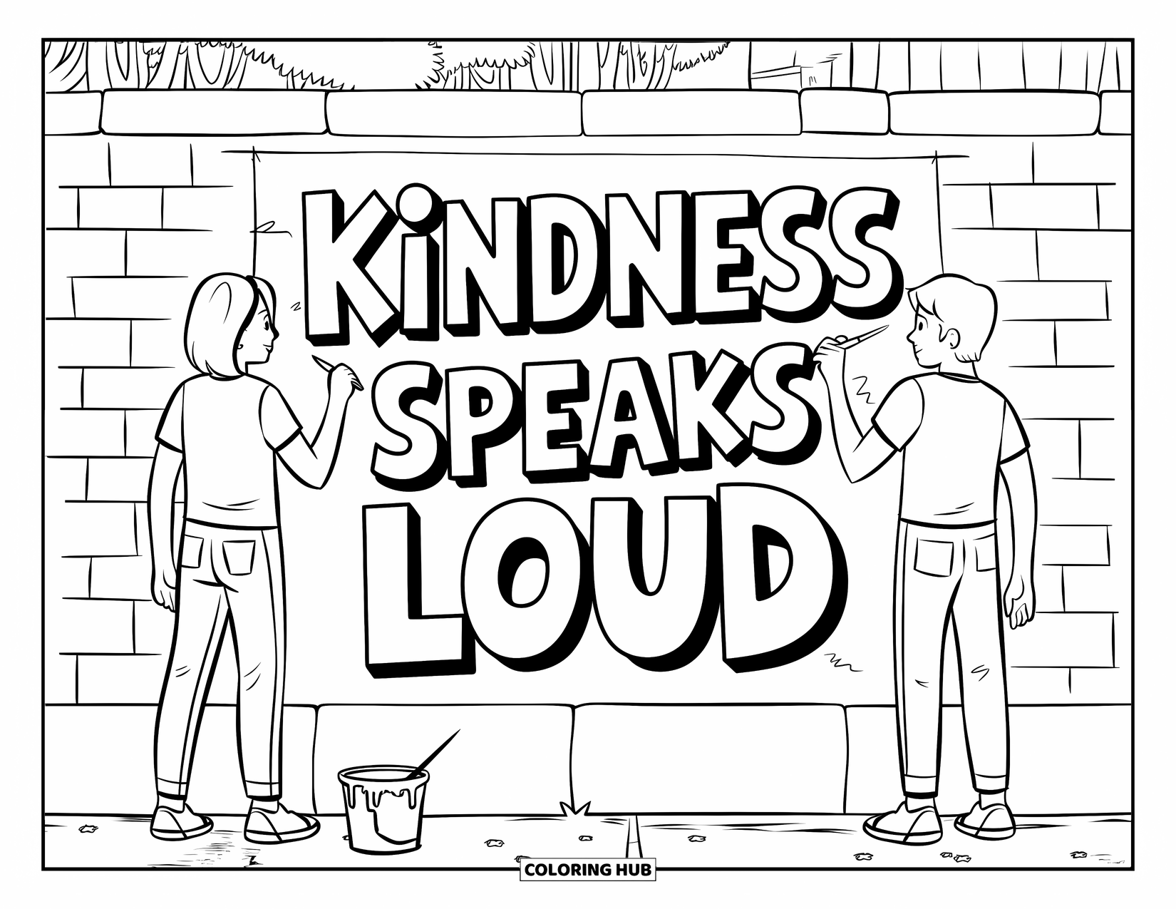Kindness Coloring Page for Kids: Teens on a ladder paint a kindness message with trees and buildings behind them