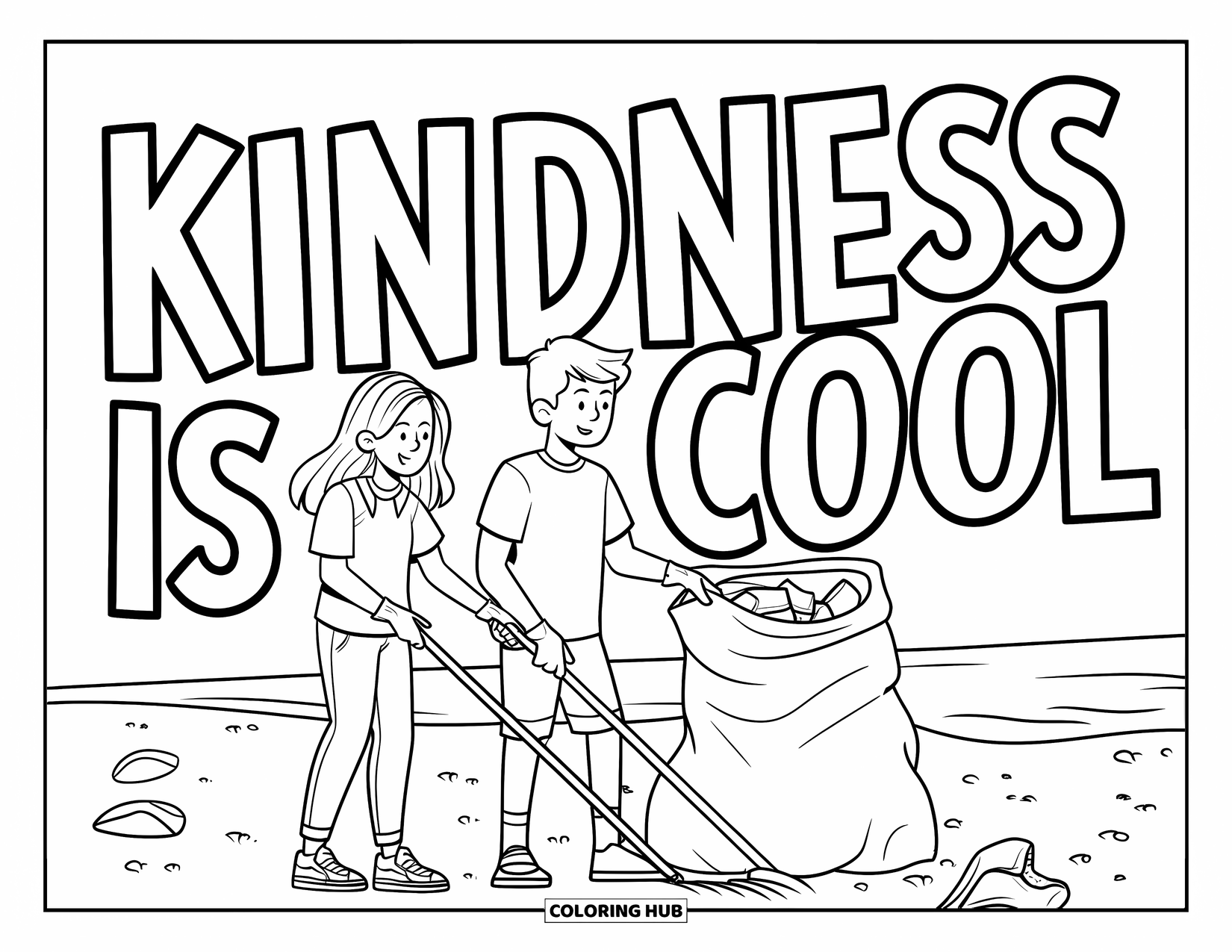 Kindness Coloring Page for Kids: Two friends clean a beach together beside a "Kindness is Cool" message