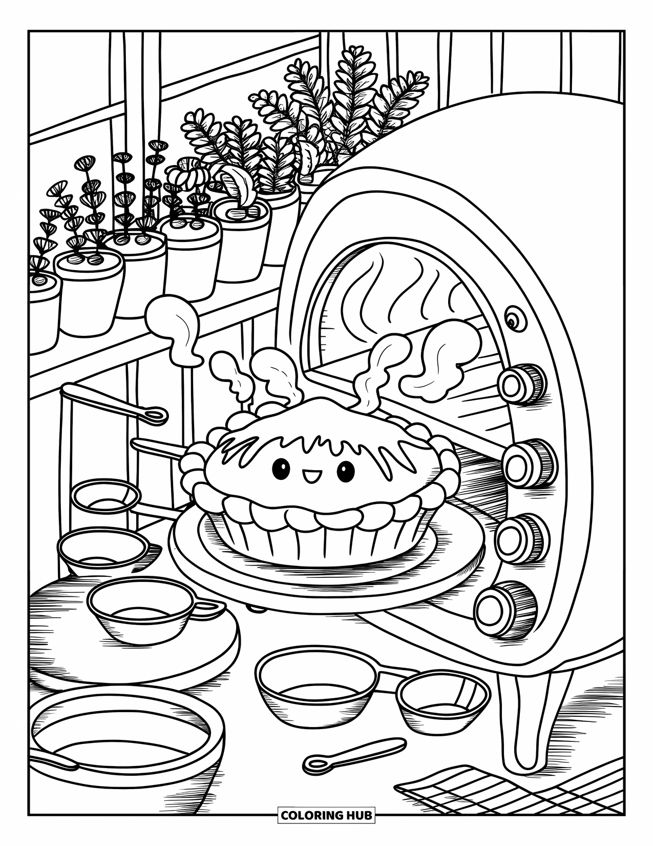 Kitchen Coloring Page for Adults: A cheerful pie bakes in a tiny oven while cups and spoons dance nearby