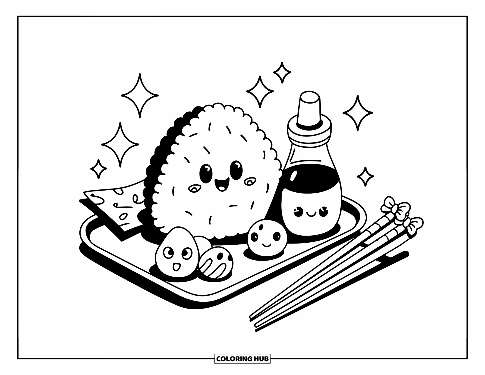 Kitchen Coloring Page for Adults: A cheerful rice ball sits with pickled veggies, soy sauce, and bow-patterned chopsticks