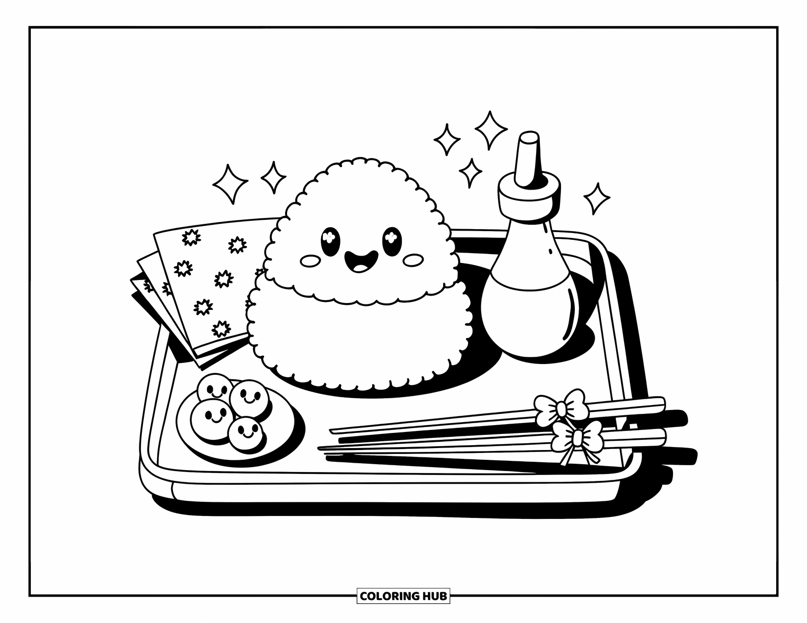 Kitchen Coloring Page for Adults: A cheerful rice ball sits with soy sauce, pickled veggies, and sparkly chopsticks
