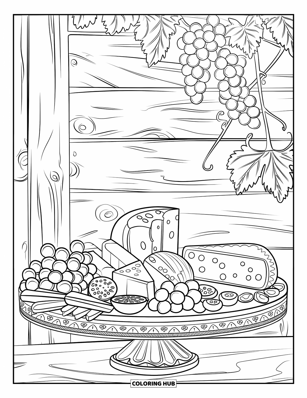 Kitchen Coloring Page for Adults: A detailed charcuterie board sits on a wooden base with grapes hanging above