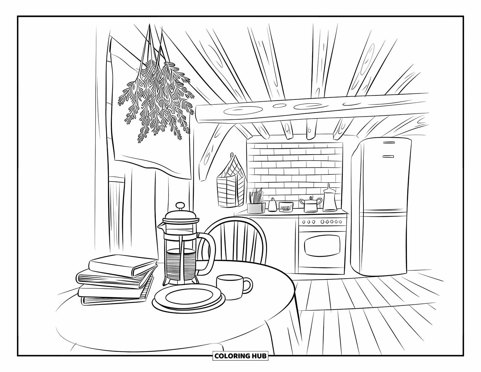 Kitchen Coloring Page for Adults: A French press, books, and herbs fill a rustic nook with brick and beams