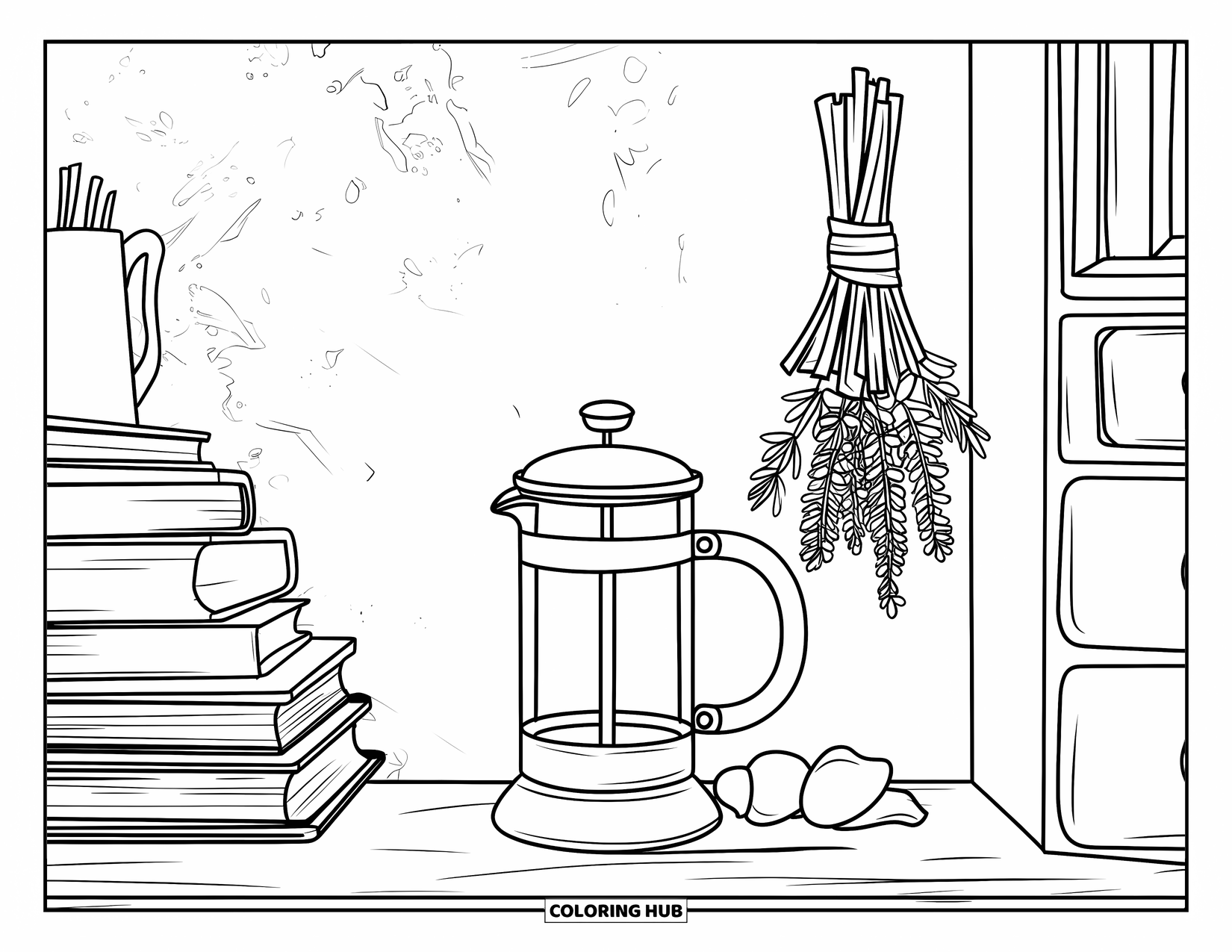 Kitchen Coloring Page for Adults: A French press sits by books and herbs in a cozy kitchen nook