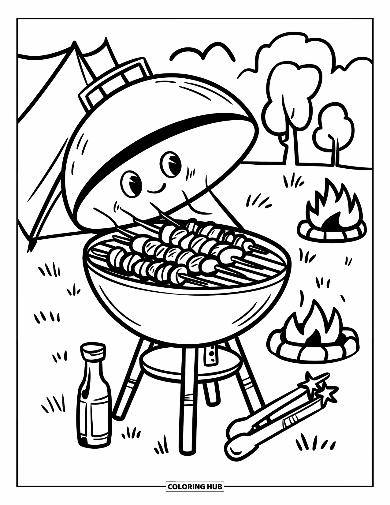 Kitchen Coloring Page for Adults: A happy grill sizzles skewers beside dancing tongs and sauce in a cozy backyard
