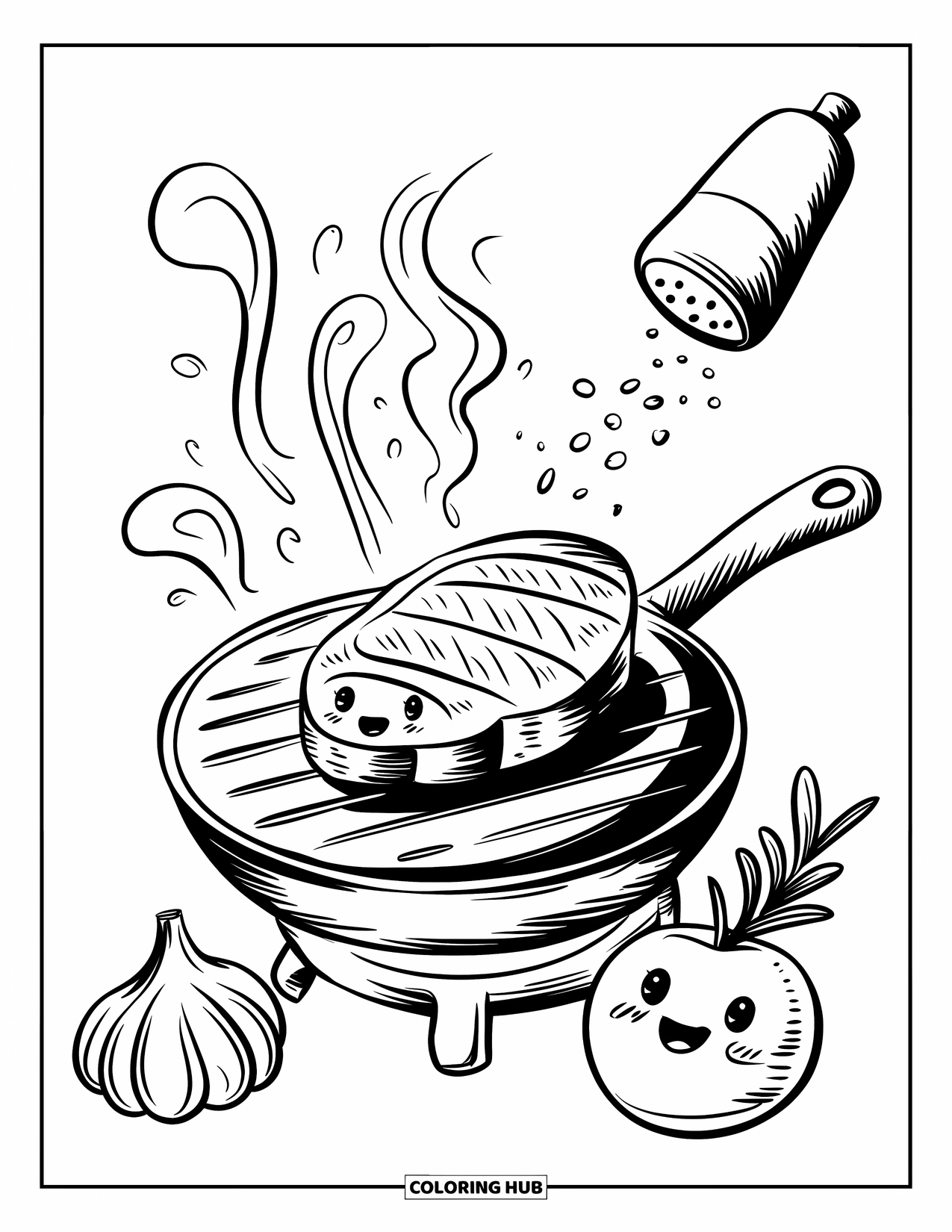 Kitchen Coloring Page for Adults: A joyful steak sizzles with steam swirls while garlic and rosemary smile nearby