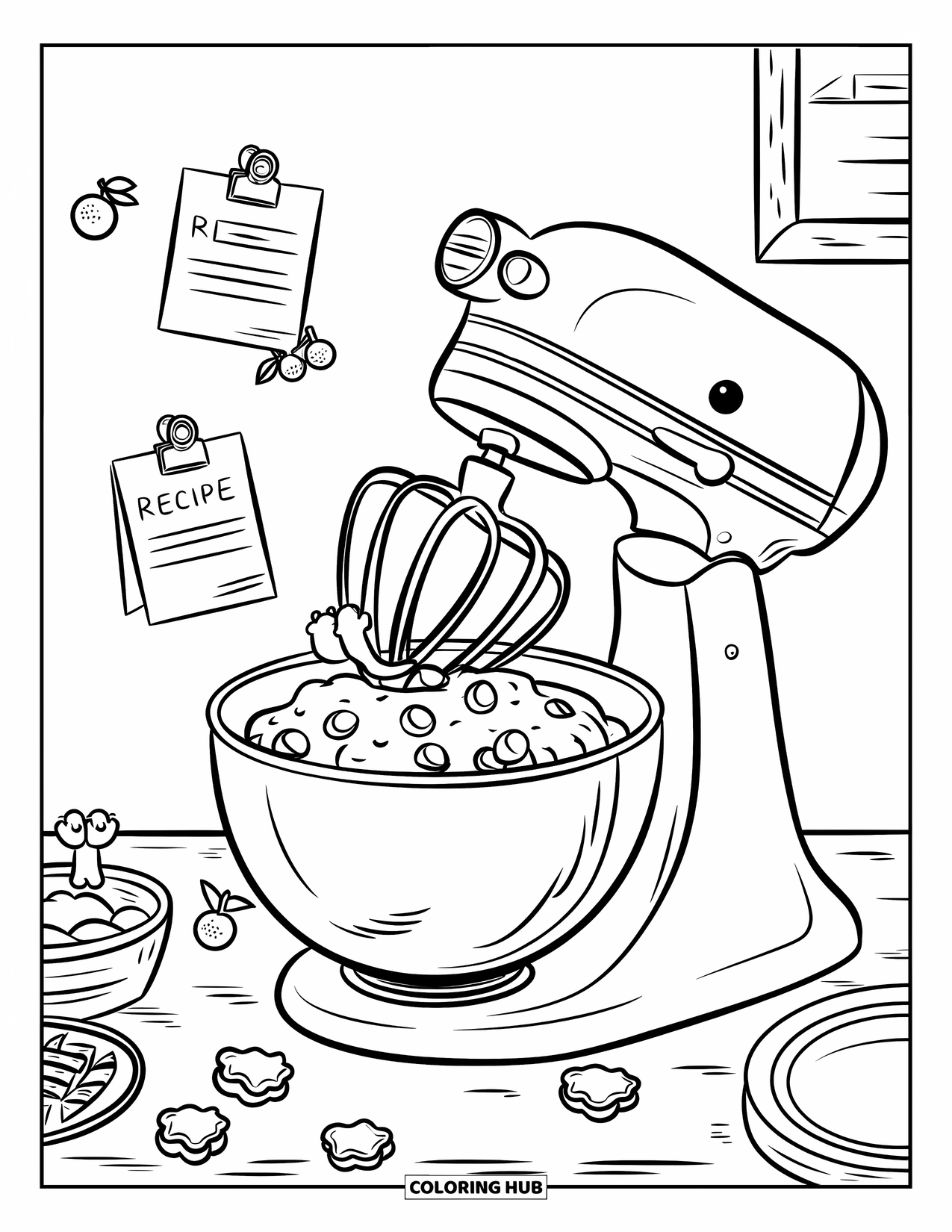 Kitchen Coloring Page for Adults: A mixer spins happily while chocolate chips jump into the bowl of dough