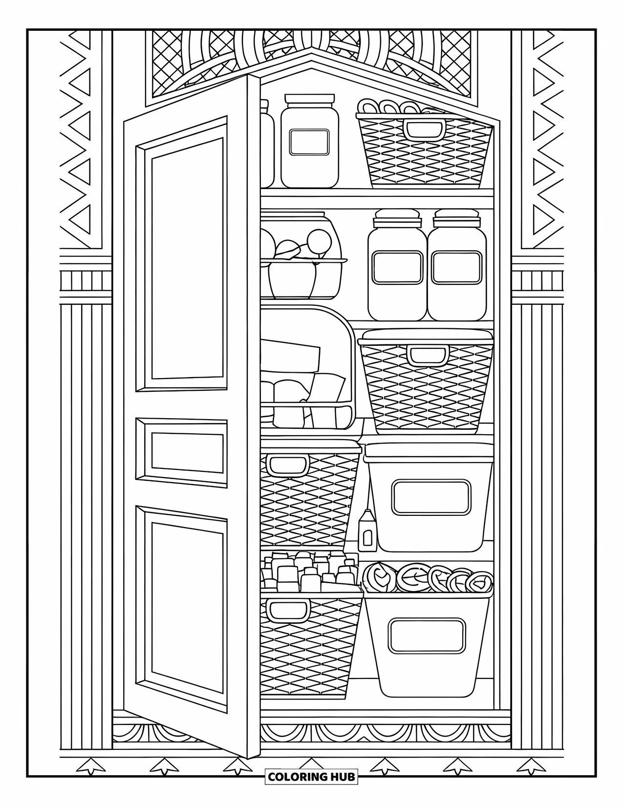 Kitchen Coloring Page for Adults: A pantry door opens to reveal jars, baskets, and labeled storage bins inside