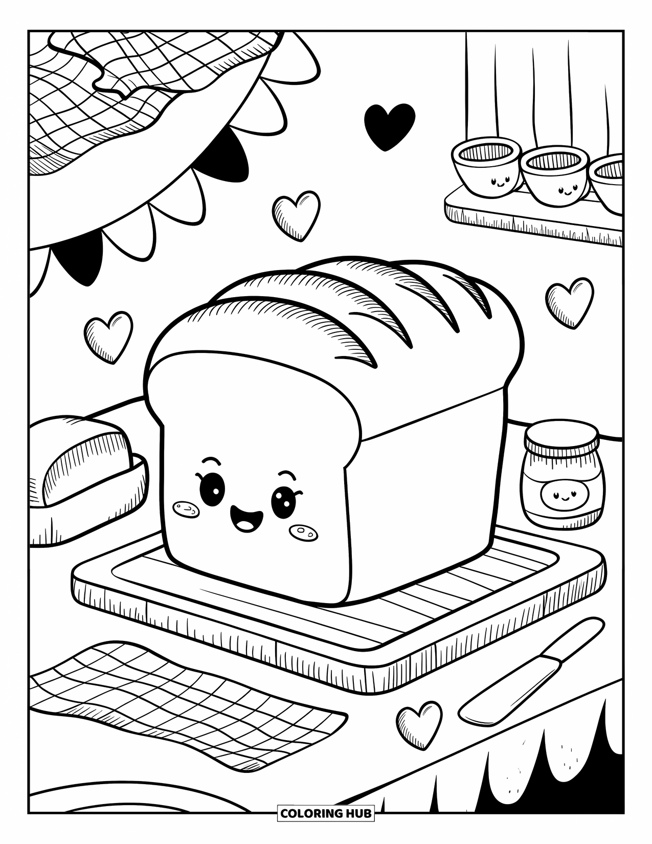 Kitchen Coloring Page for Adults: A smiling loaf sits near jam and butter under hearts and hanging kitchen cups