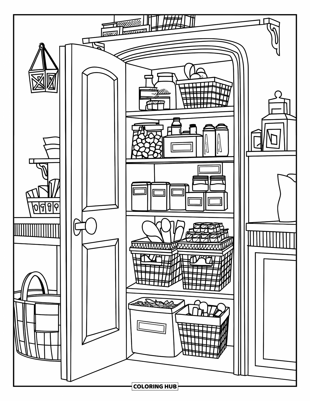 Kitchen Coloring Page for Adults: A stocked pantry reveals jars, utensils, and bins behind an open door and wooden shelf