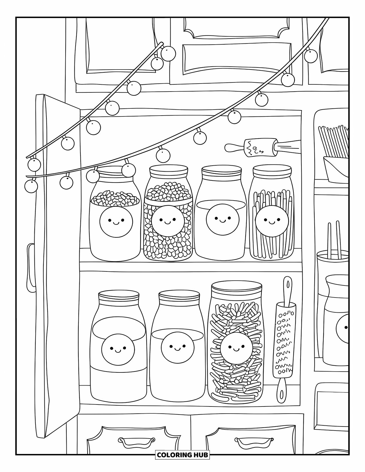 Kitchen Coloring Page for Adults: An open cabinet shows smiling jars of rice, pasta, and flour under fairy lights