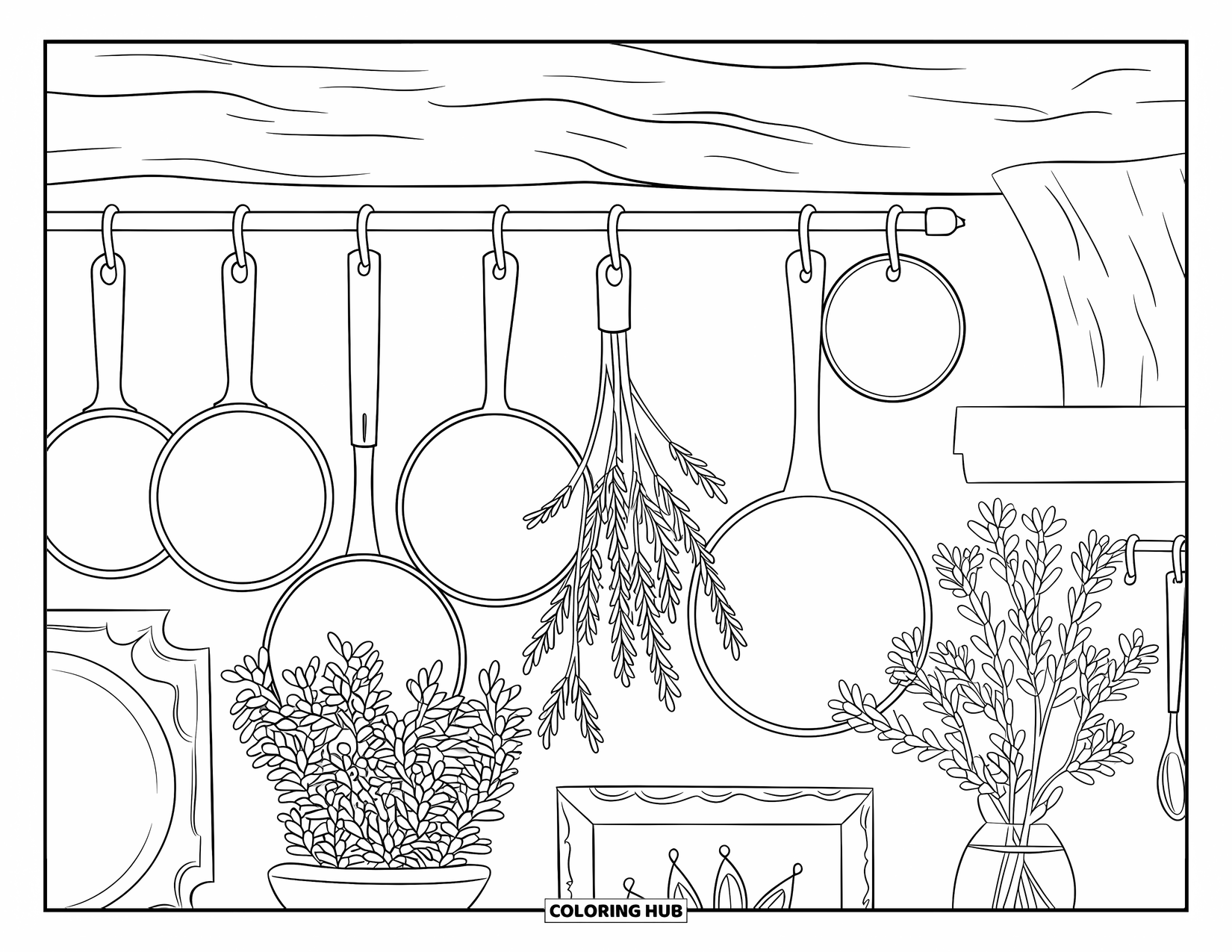Kitchen Coloring Page for Adults: Cast iron pans, herbs, and kitchen art hang on a rustic decorative wall