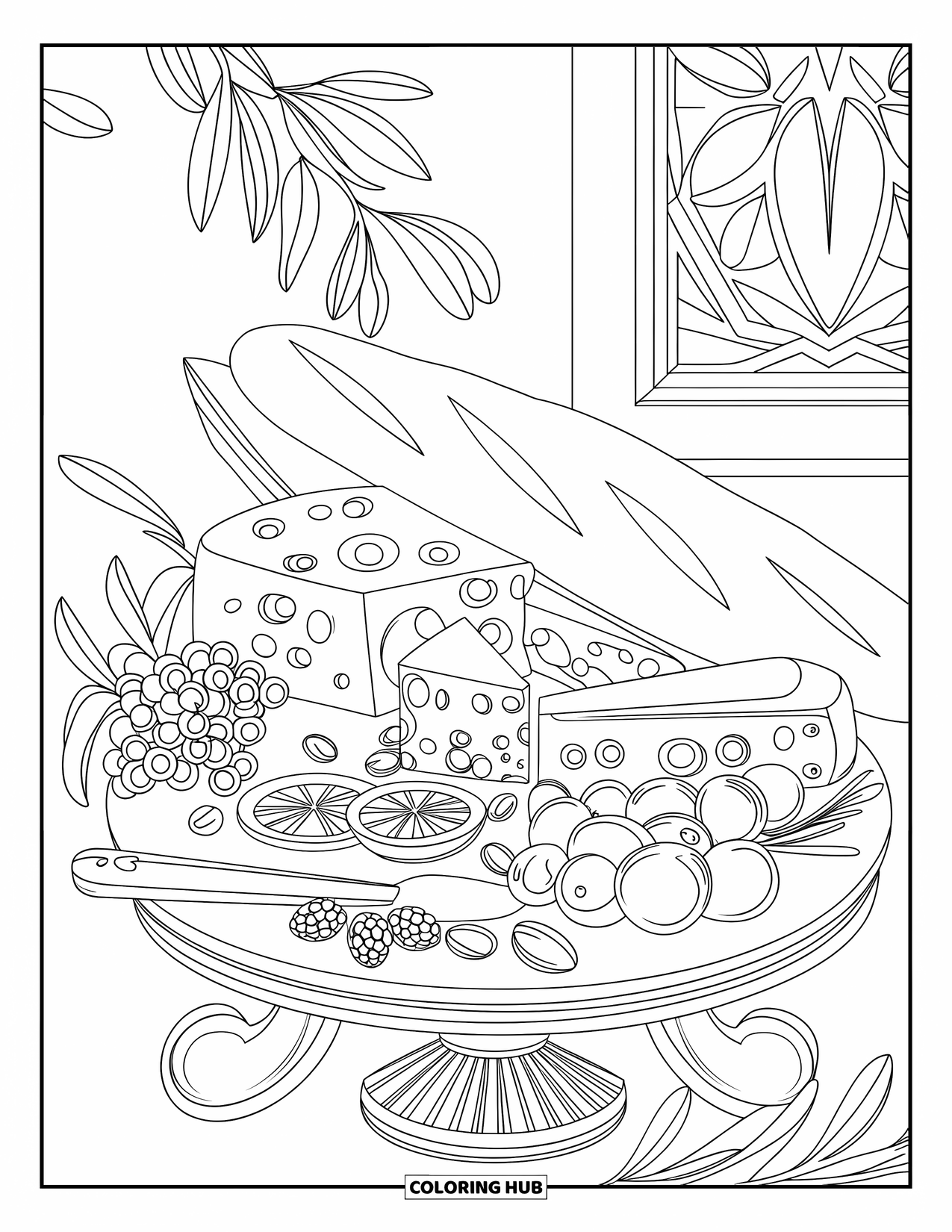 Kitchen Coloring Page for Adults: Cheese, fruit, and bread fill a charcuterie board with nuts and olives nearby
