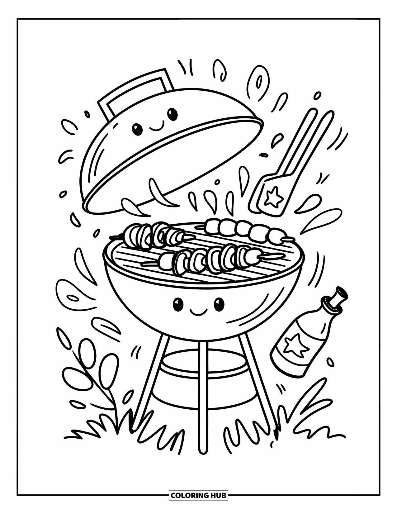 Kitchen Coloring Page for Adults: Grill smiles with veggie skewers as tiny sauce and tongs dance nearby