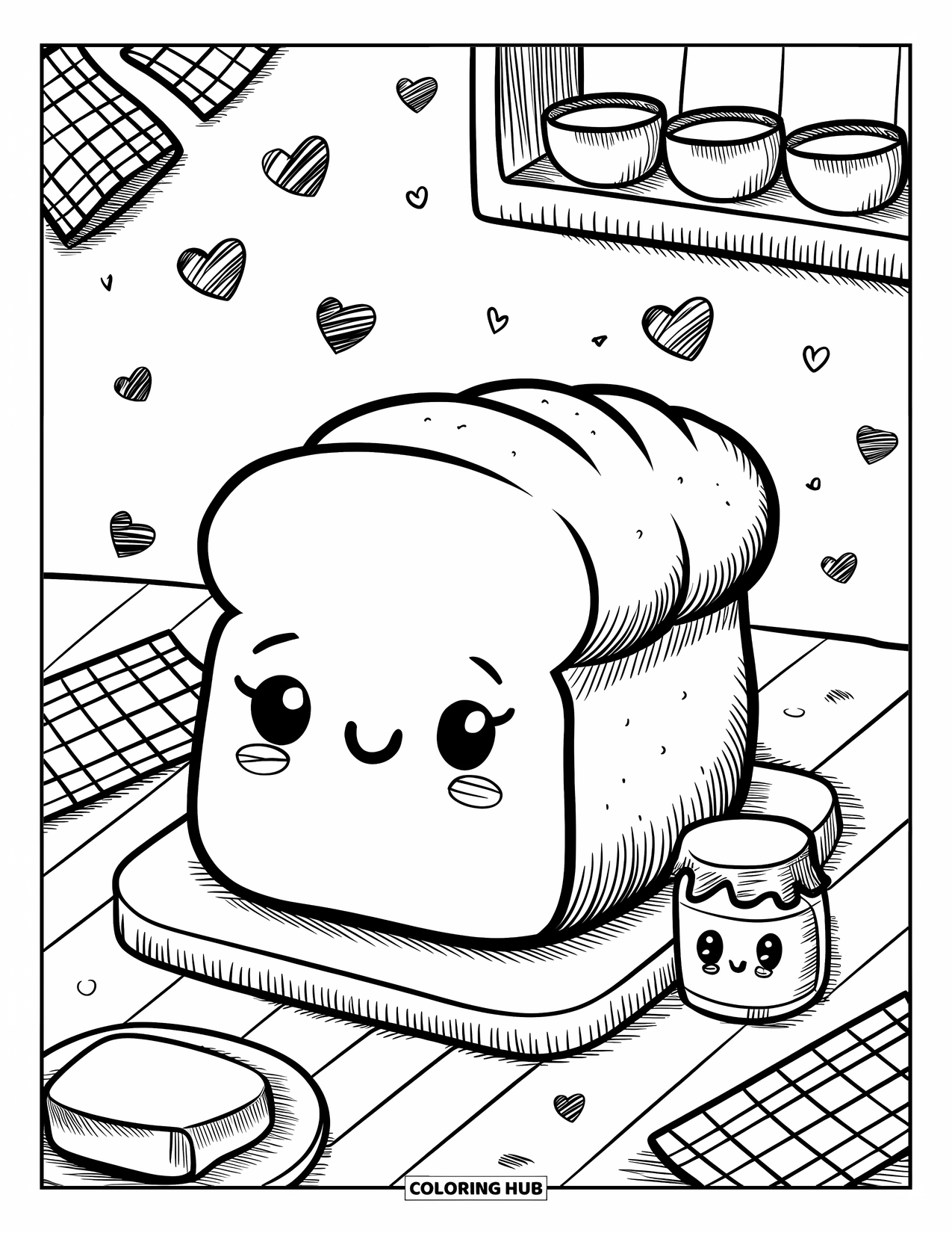 Kitchen Coloring Page for Adults: Happy bread, jam, and butter sit together beneath hearts and checkered napkins