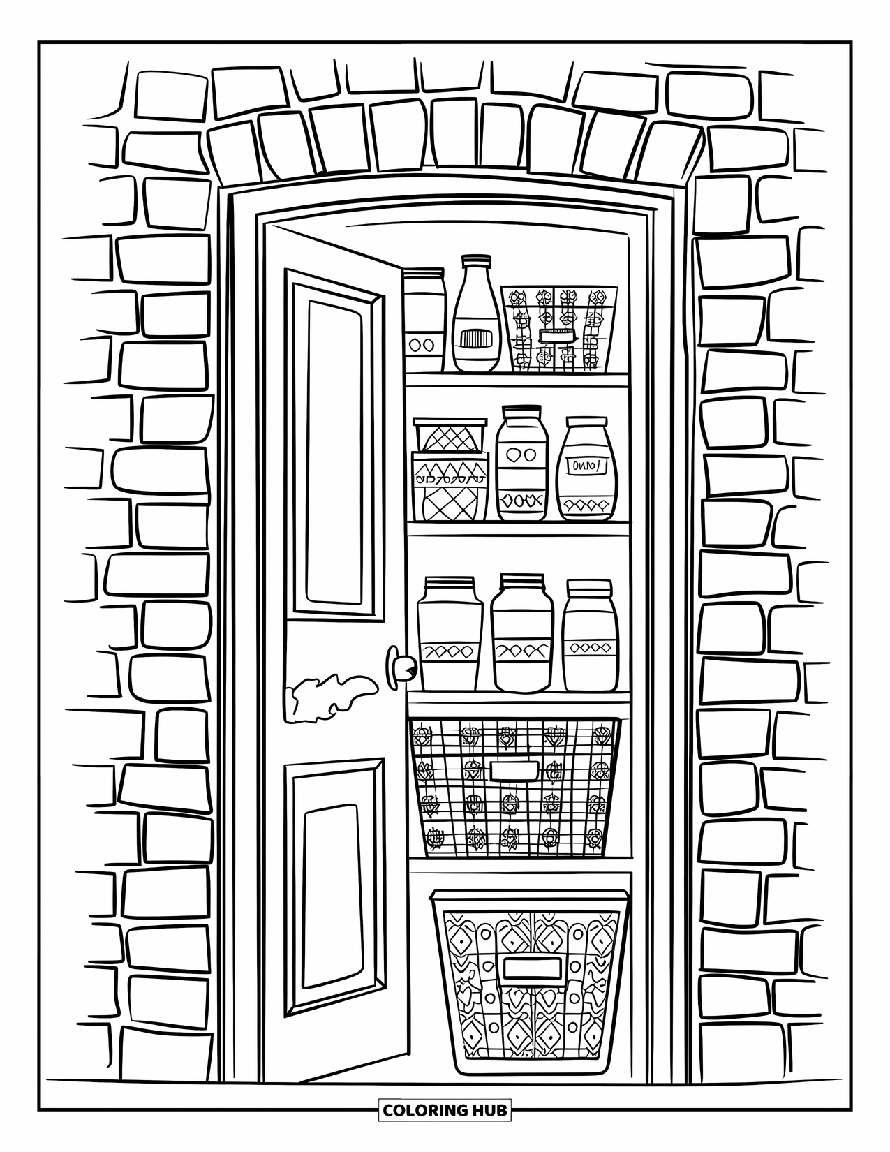 Kitchen Coloring Page for Adults: Jars and baskets fill a pantry behind an open door with a rustic brick wall