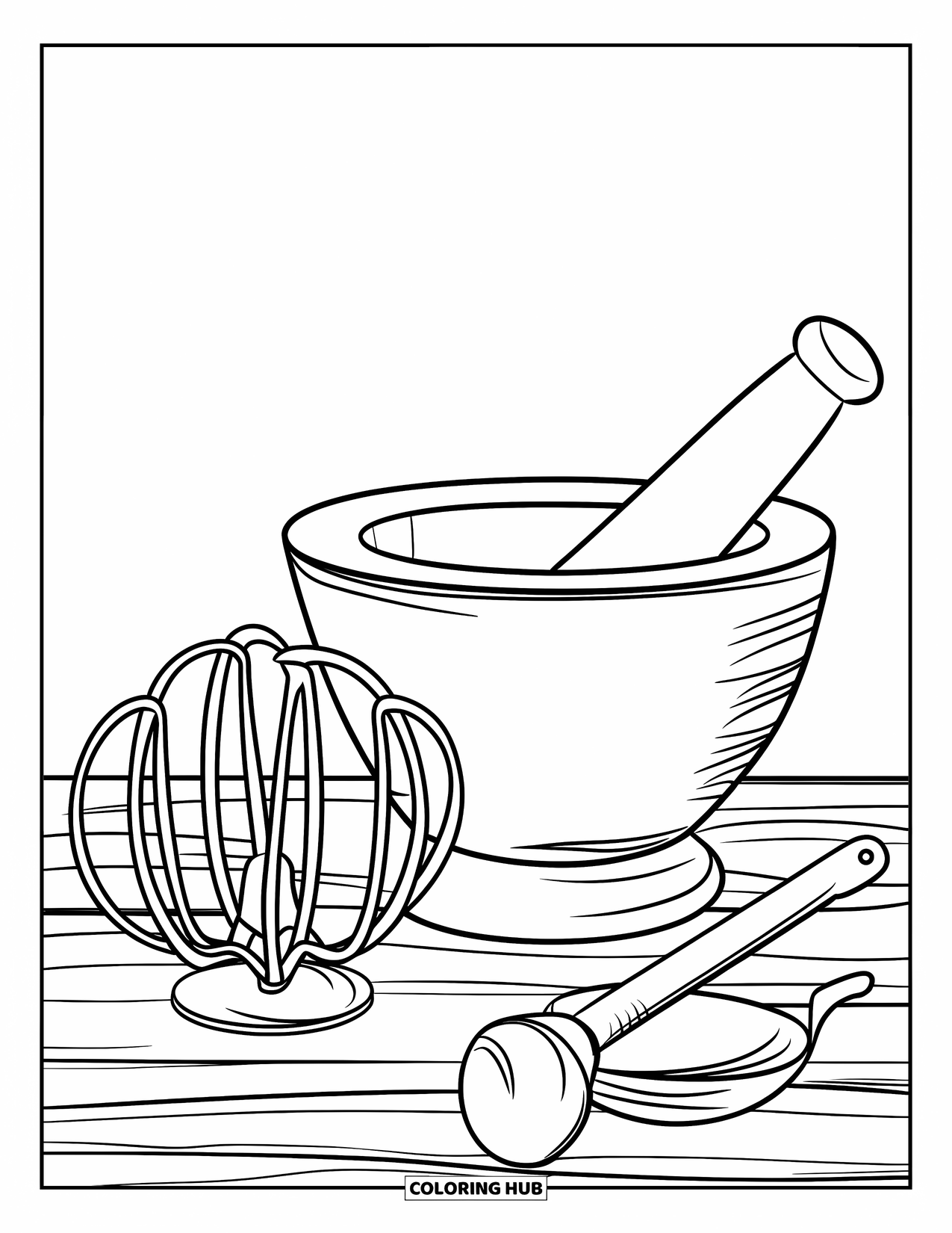 Kitchen Coloring Page for Adults: Mortar, egg beater, and ladle rest on wood in a clean vintage arrangement