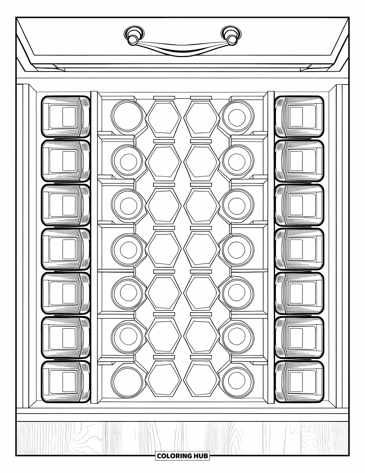 Kitchen Coloring Page for Adults: Spice jars line a drawer in perfect rows with labeled tops and a wooden frame
