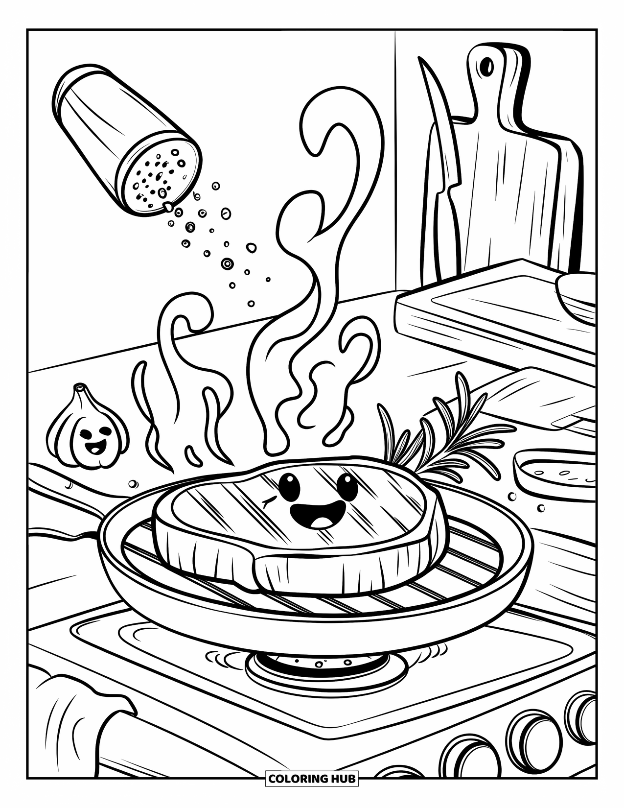 Kitchen Coloring Page for Adults: Steak sizzles happily with smiling garlic and salt in a warm kitchen scene