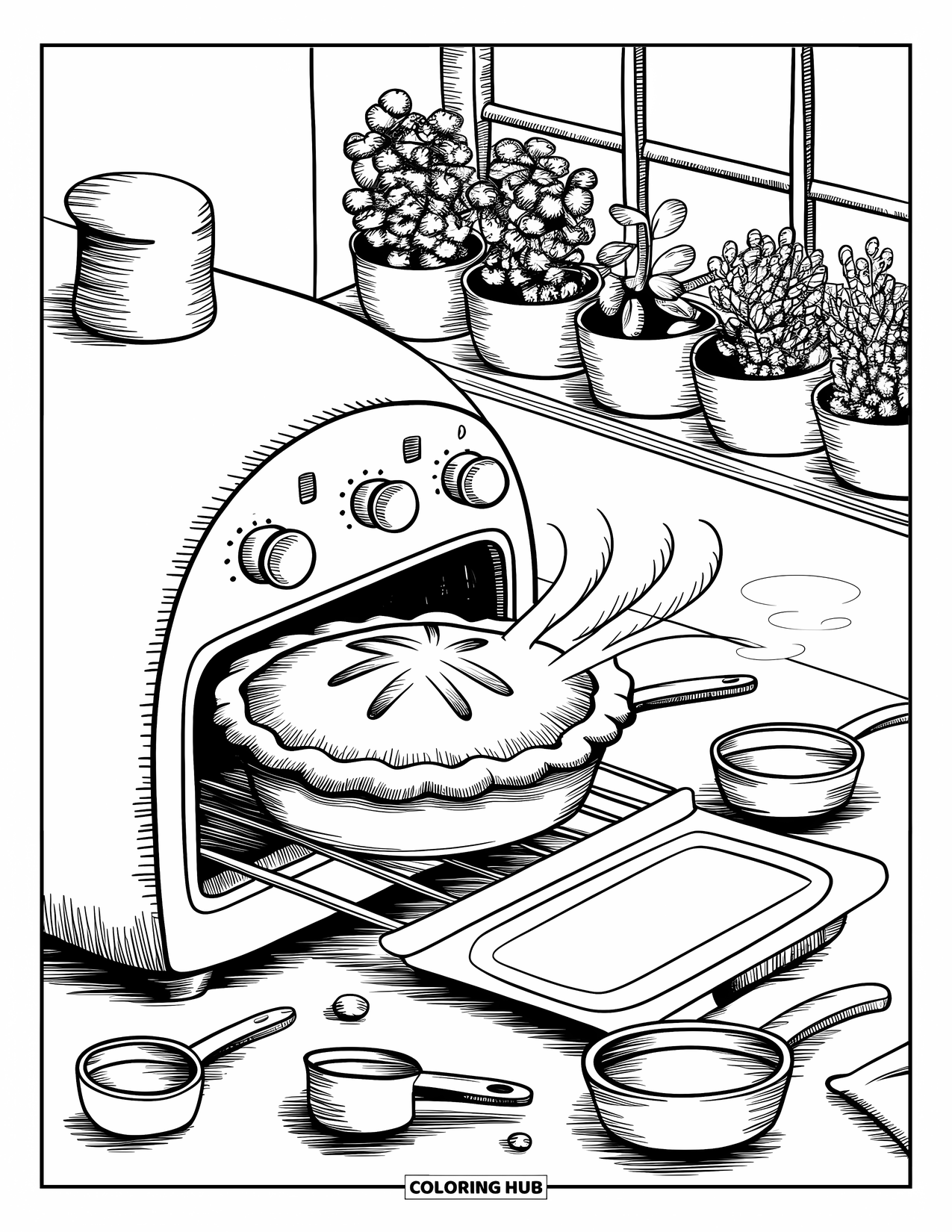 Kitchen Coloring Page for Adults: Sweet steam rises from a pie as measuring tools dance and herbs line the windowsill