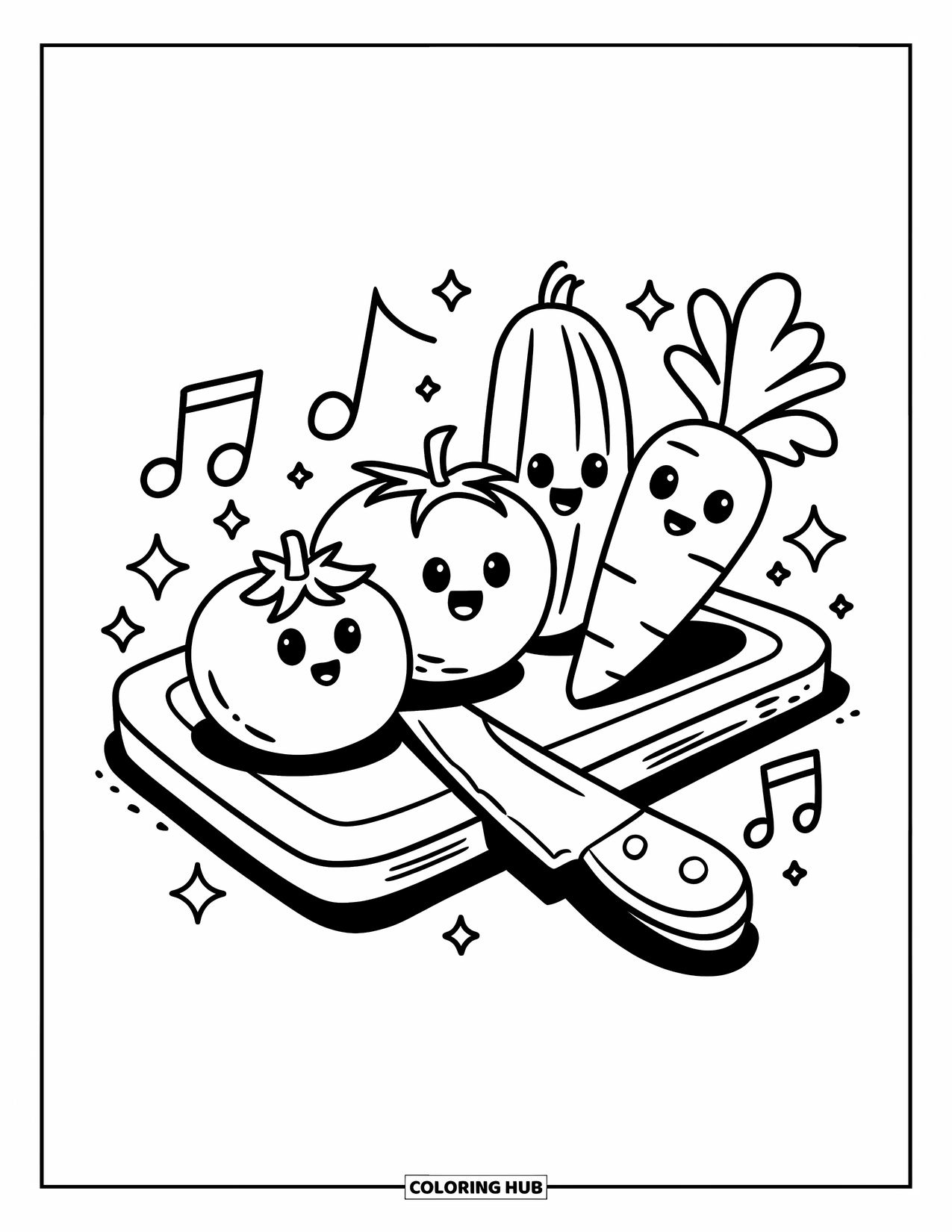 Kitchen Coloring Page for Adults: Tomato, cucumber, and carrot line up on a board with a happy knife and sparkles