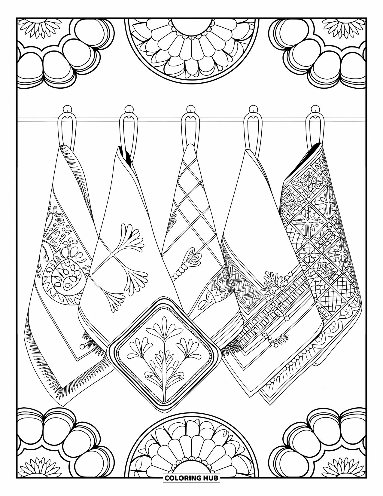 Kitchen Coloring Page for Adults: Towels, pot holders, and apron hooks create a cozy patterned kitchen wall display