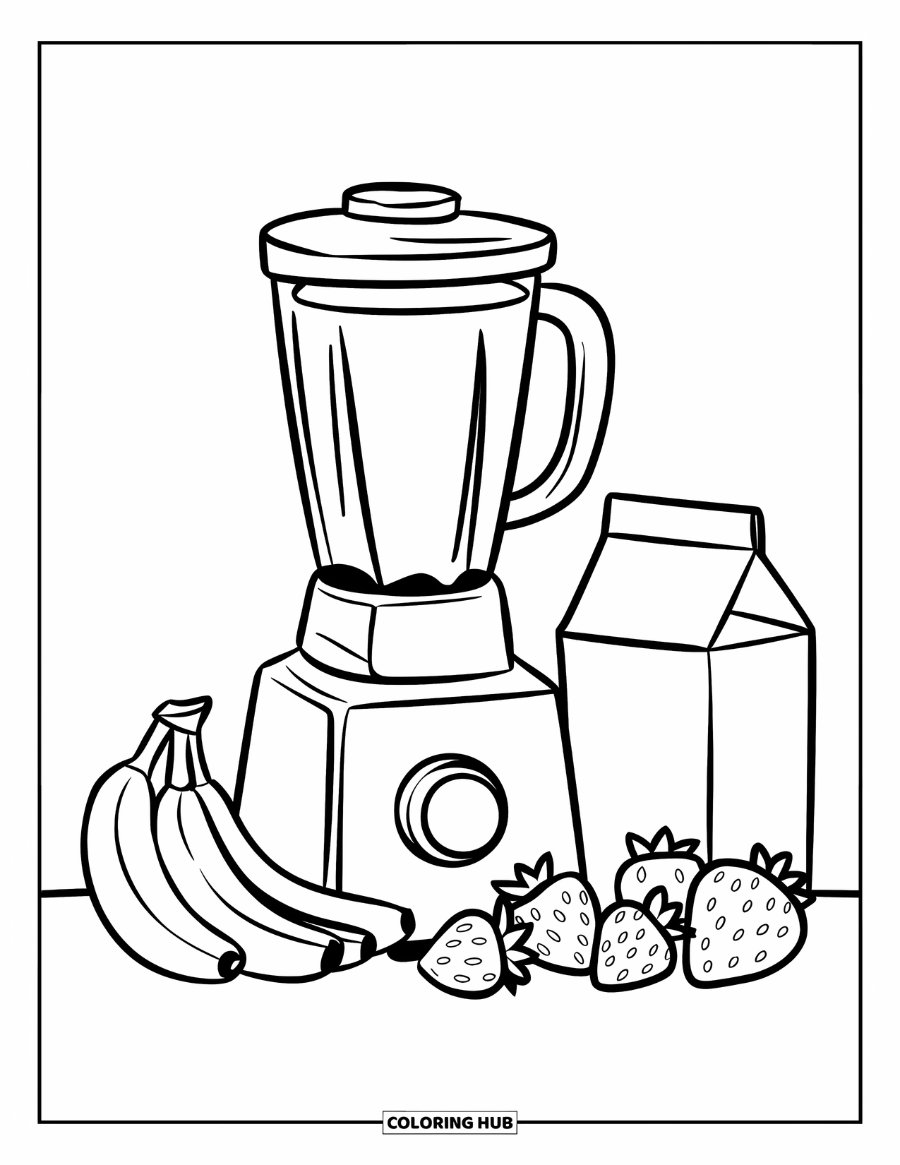 Kitchen Coloring Page for Kids: A blender whirls beside bananas, strawberries, and a milk carton on the counter