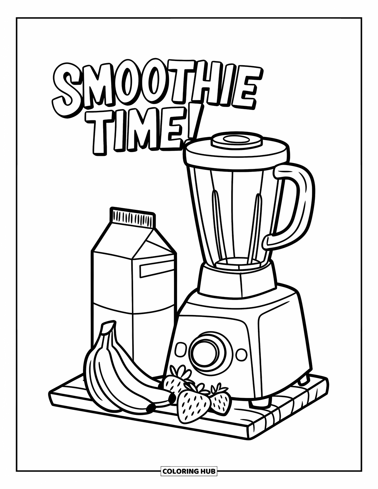 Kitchen Coloring Page for Kids: A blender whirls beside fruit and milk with "Smoothie Time!" above it