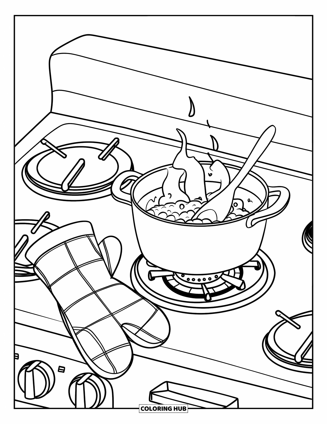 Kitchen Coloring Page for Kids: A boiling pot with a spoon and an oven mitt rest on the stovetop