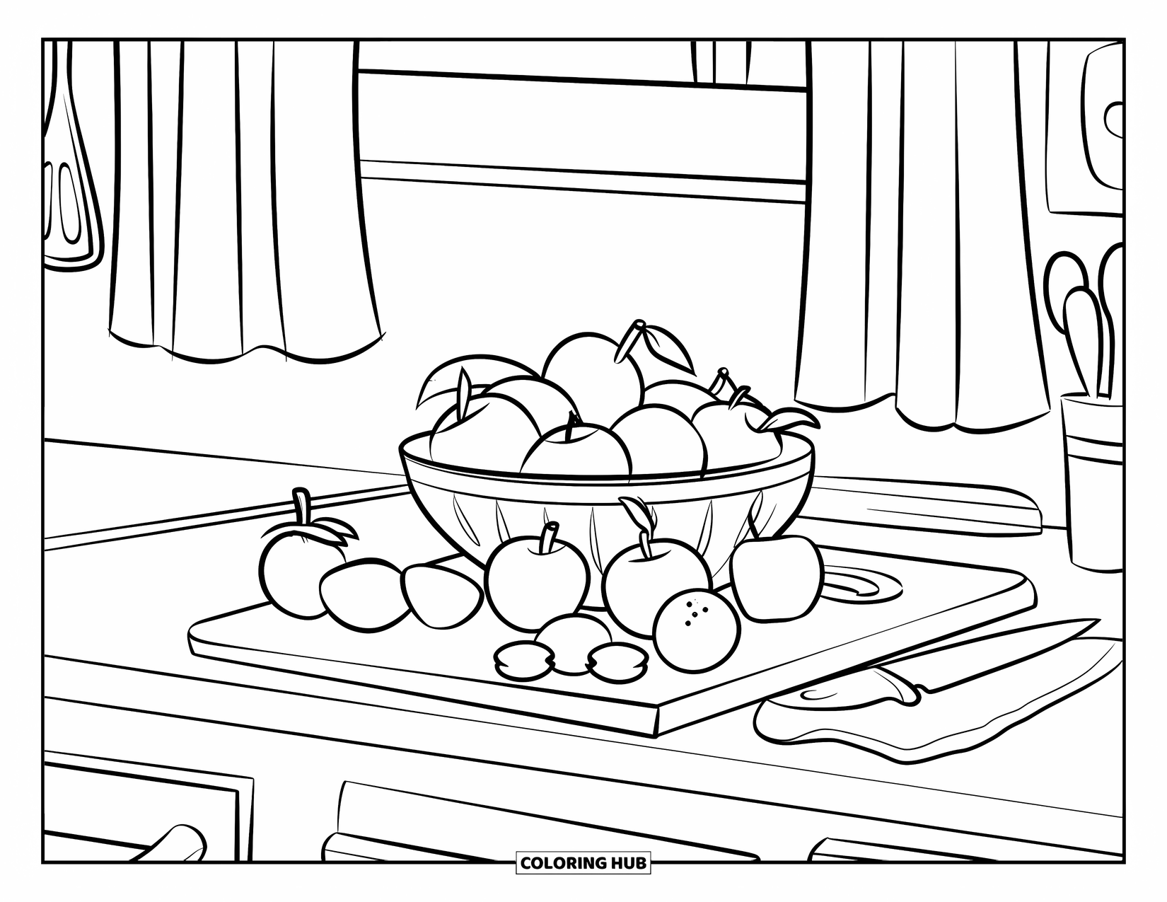 Kitchen Coloring Page for Kids: A bowl of fruit and utensils sit on a kitchen counter beneath a curtained window