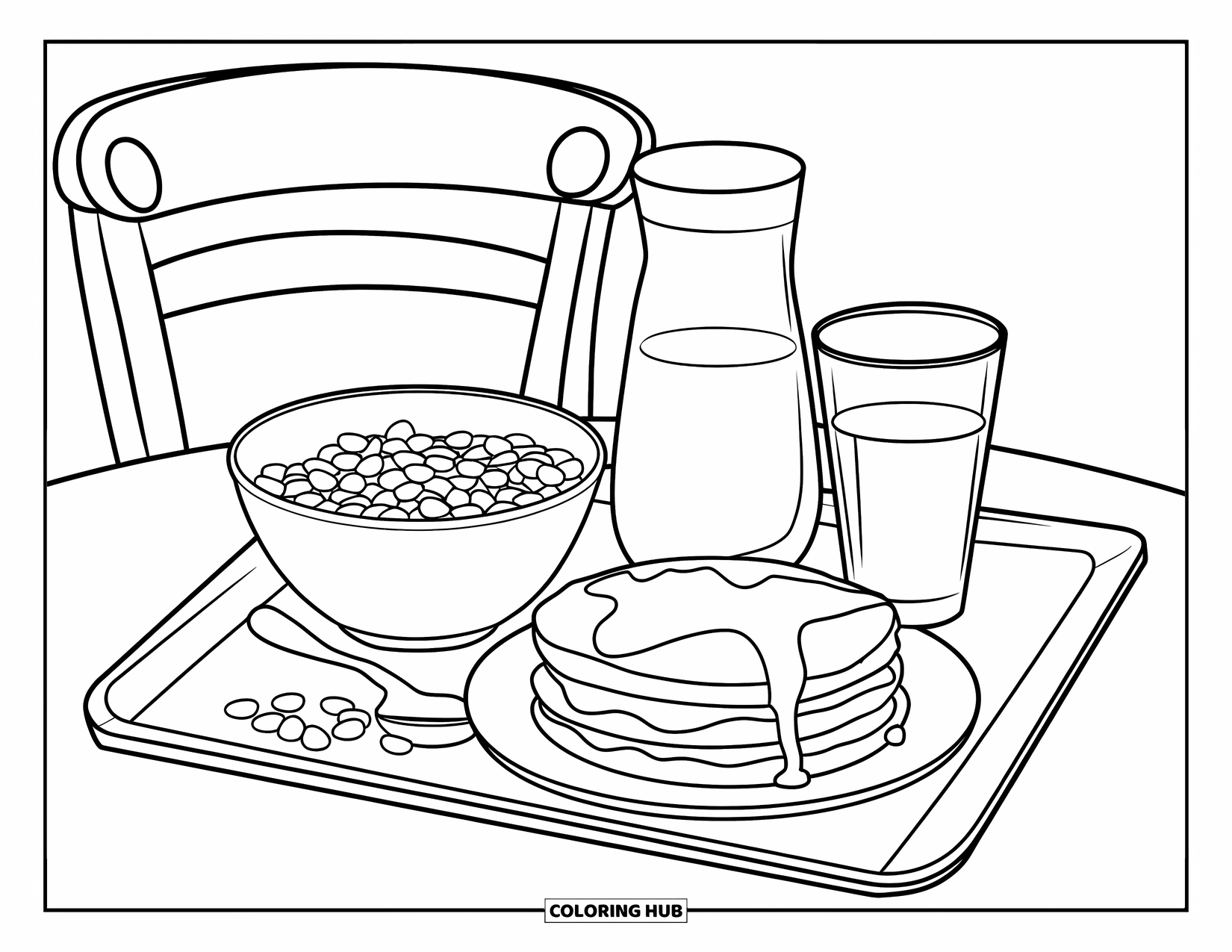 Kitchen Coloring Page for Kids: A breakfast tray holds cereal, pancakes, juice, and milk on a cozy table