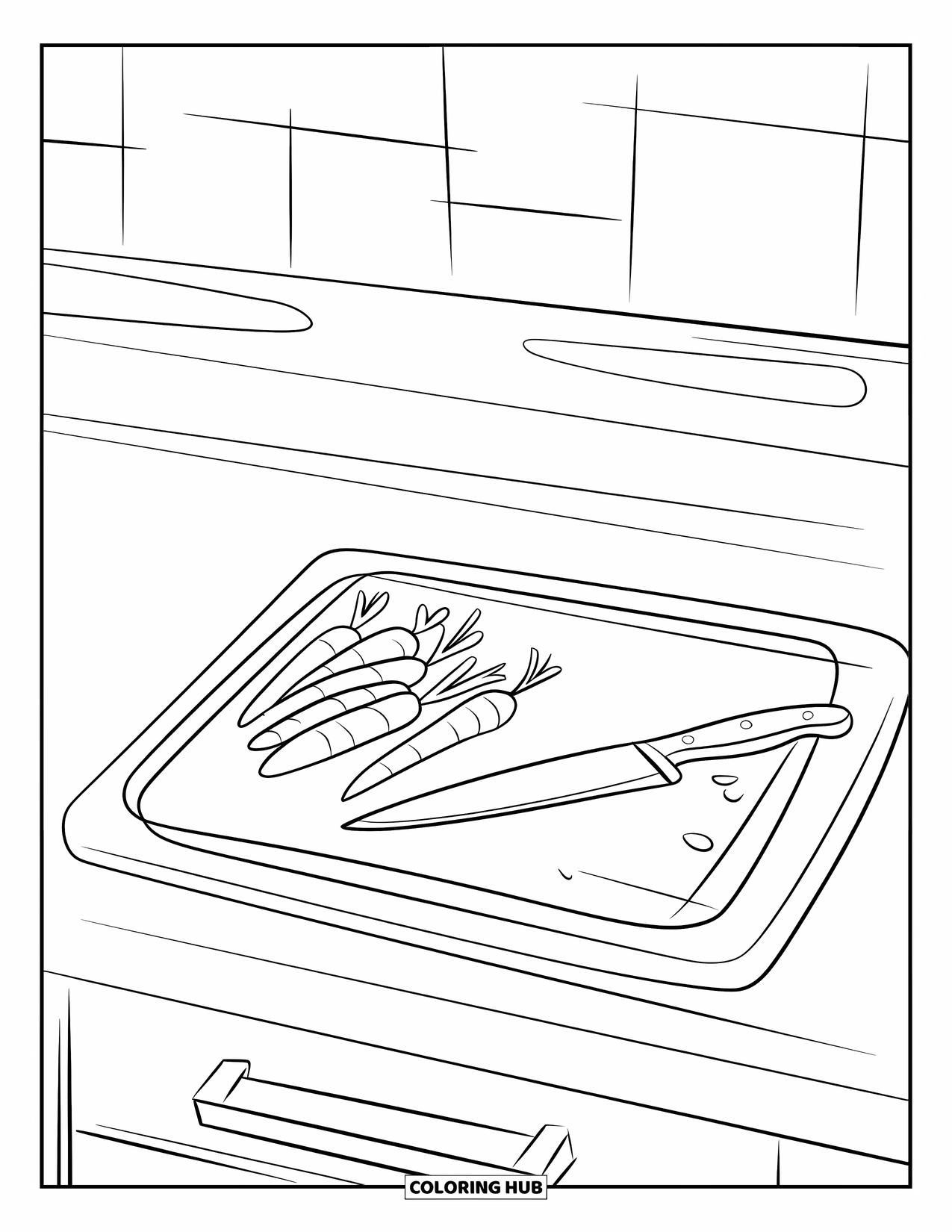 Kitchen Coloring Page for Kids: A clean kitchen counter holds chopped carrots, a cutting board, and a kitchen knife