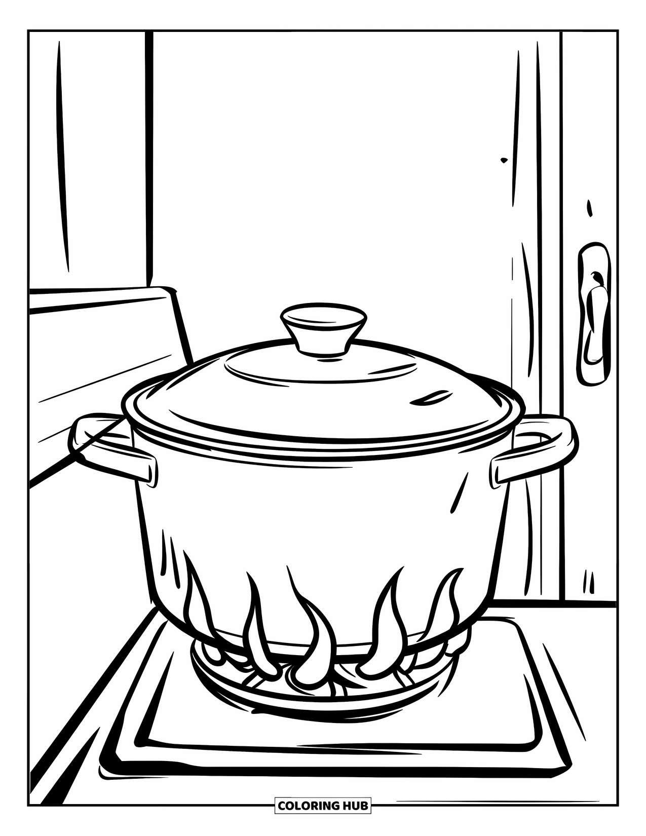Kitchen Coloring Page for Kids: A cooking pot with flames underneath sits on the stove with the lid tilted