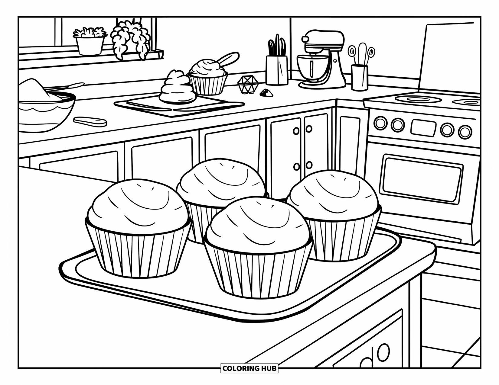 Kitchen Coloring Page for Kids: A cupcake tray cools on the counter surrounded by baking tools and ingredients