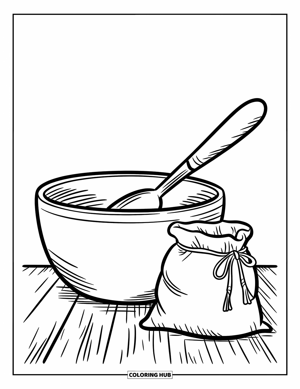 Kitchen Coloring Page for Kids: A flour sack and mixing bowl with a spoon rest on a wooden surface