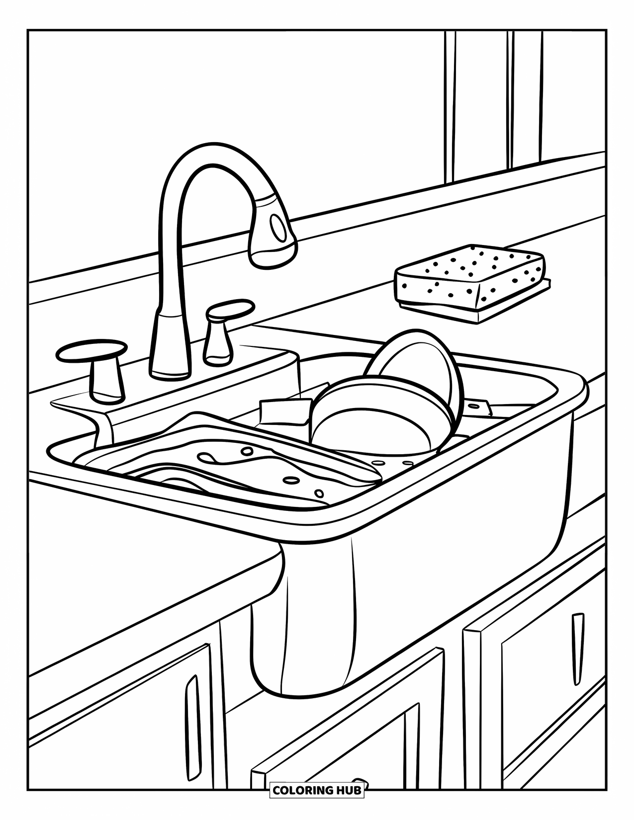 Kitchen Coloring Page for Kids: A kitchen sink on a counter holds soapy dishes and a sponge nearby