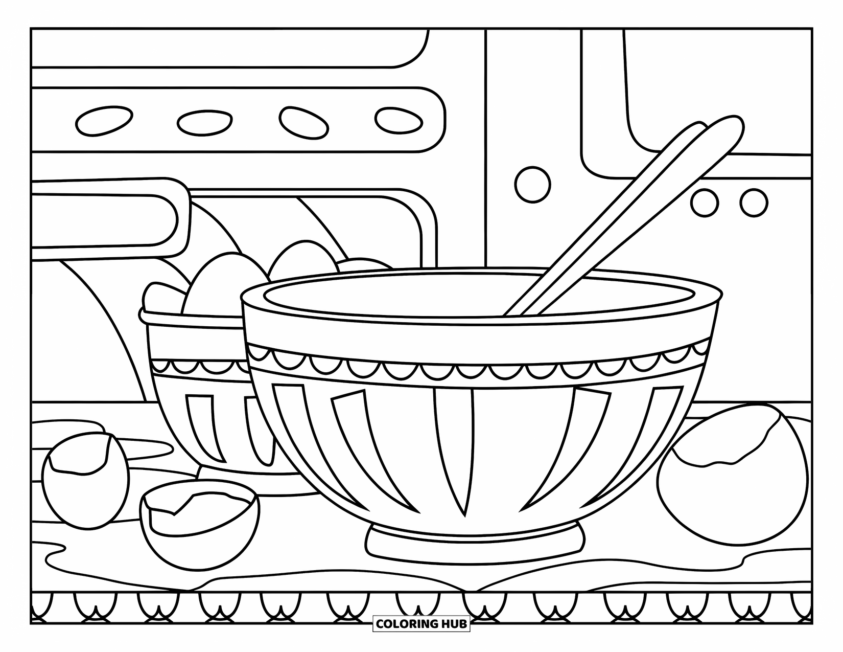 Kitchen Coloring Page for Kids: A mixing bowl, eggshells, and measuring cups sit on a kitchen table