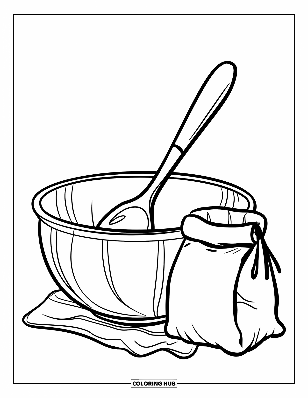 Kitchen Coloring Page for Kids: A mixing bowl with a big spoon and a flour sack sits nearby