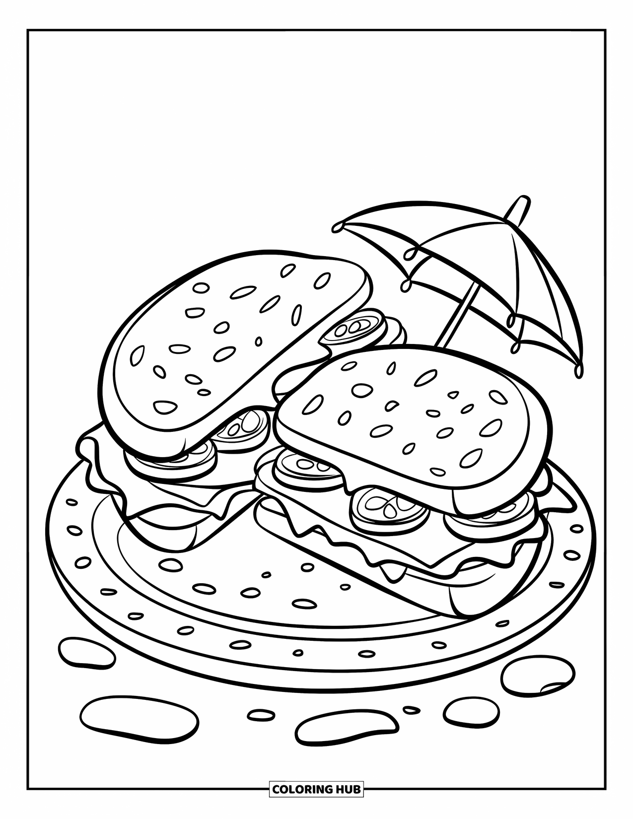 Kitchen Coloring Page for Kids: A sandwich with pickles and cheese sits halved on a plate with crumbs