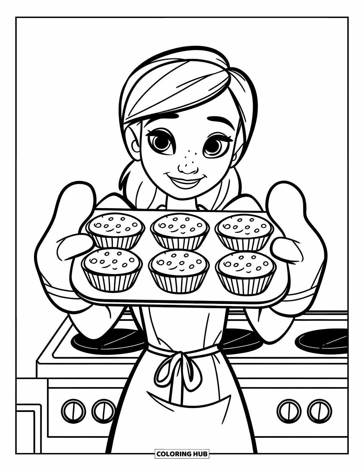 Kitchen Coloring Page for Kids: A smiling teen in an apron holds fresh muffins in front of a stove