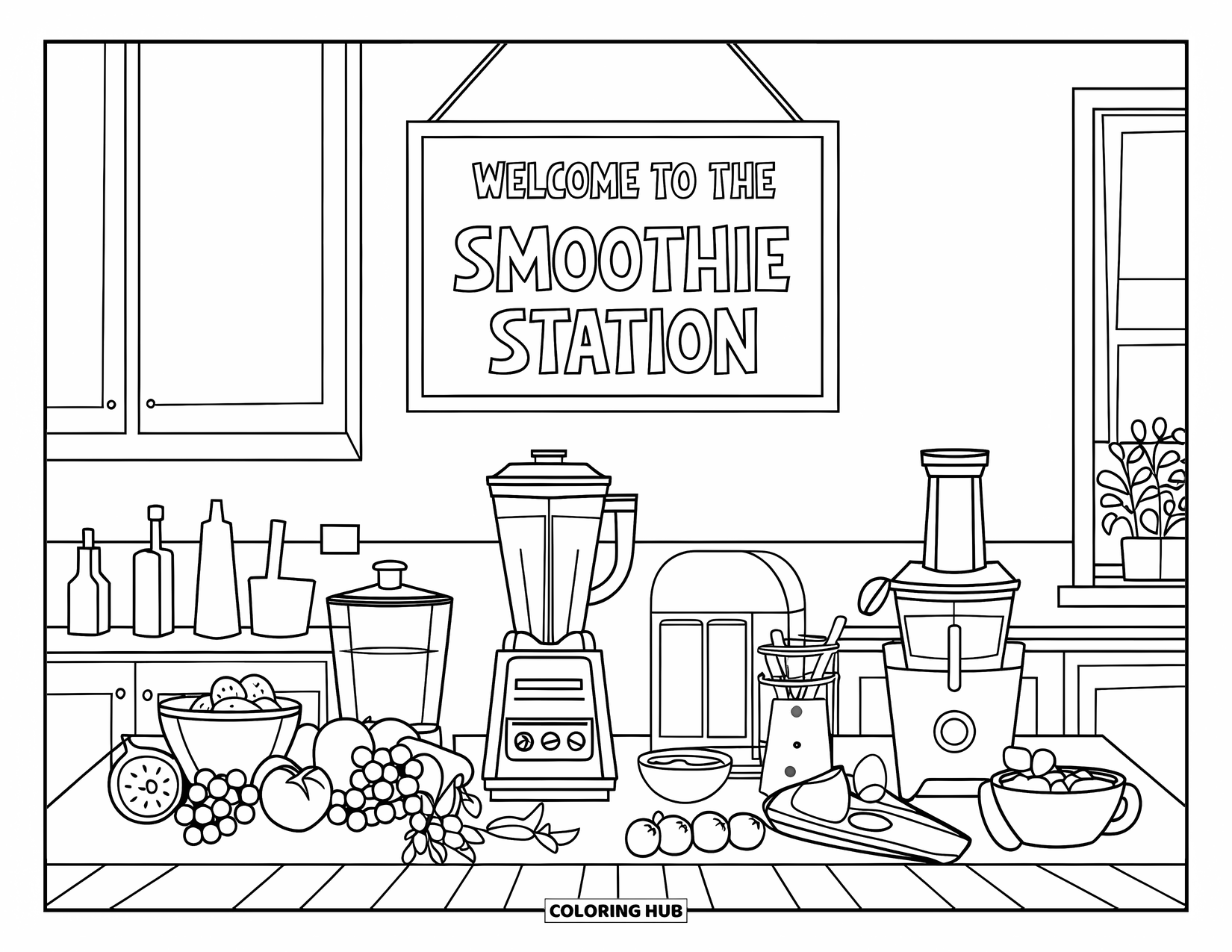 Kitchen Coloring Page for Kids: A smoothie station includes fresh fruits, a blender, and a sign welcoming guests